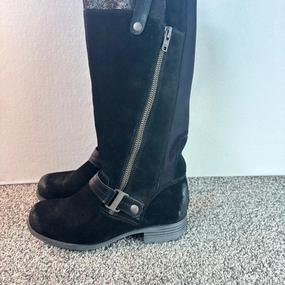 Earth Origins Black Suede Tall Boots Women Mixed Media Buckle Strap Zip Size 8